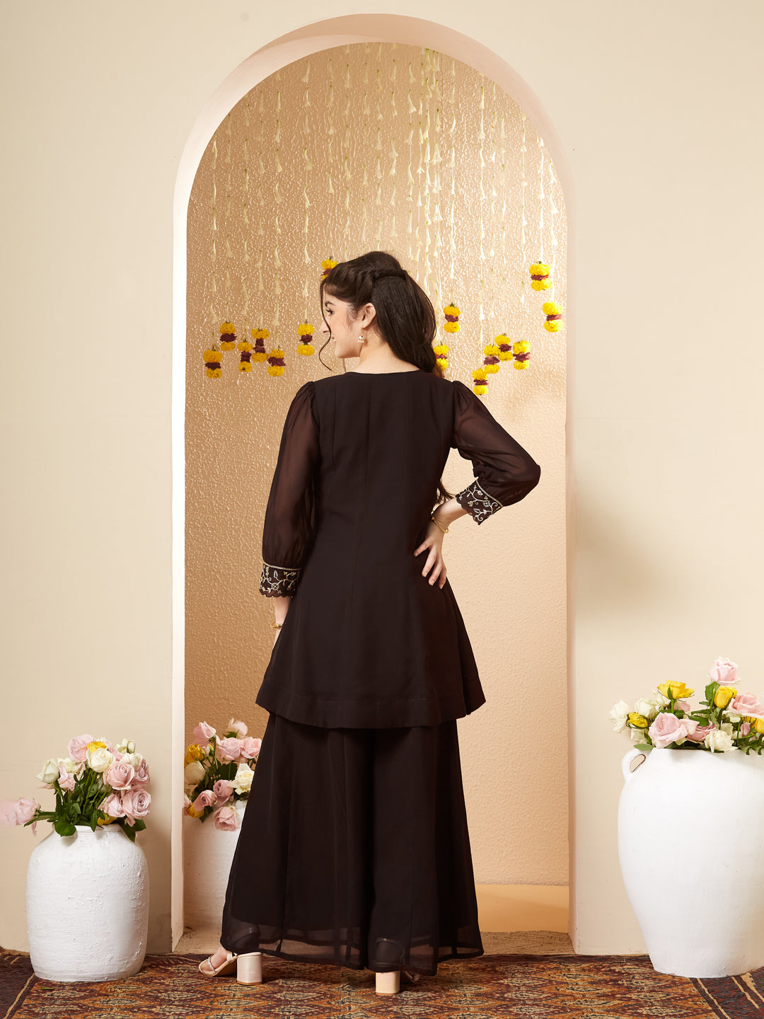 Coffee Georgette Embroidered Kurta Palazzo Set for Girls