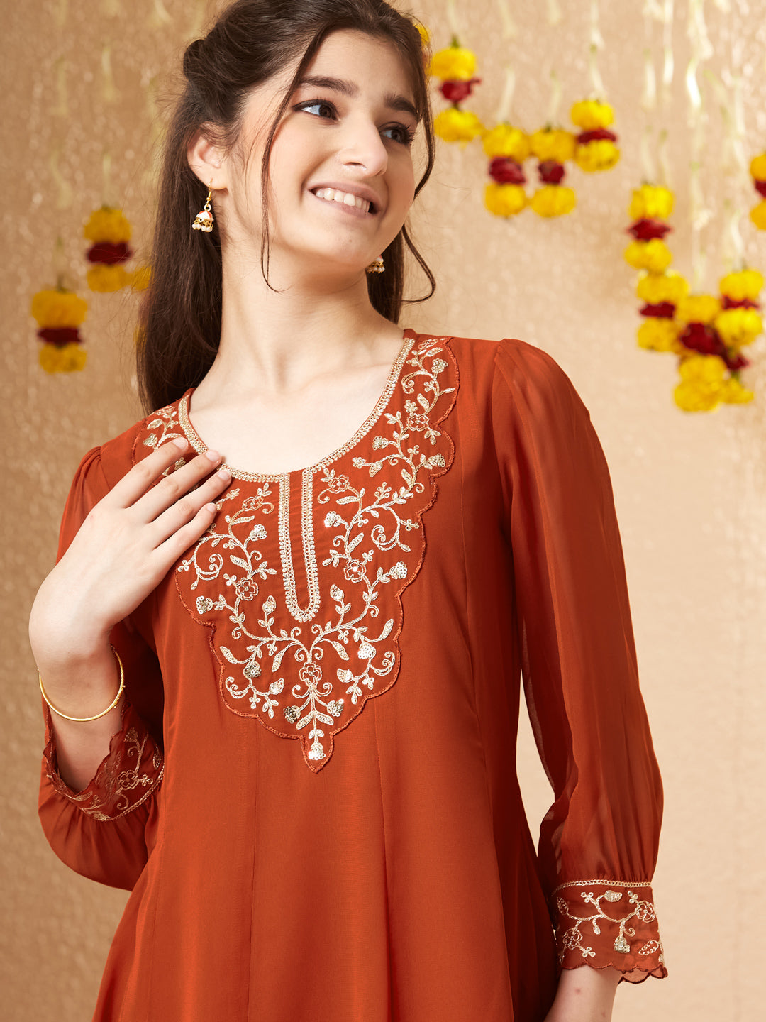 Orange Georgette Embroidered Kurta Palazzo Set for Girls