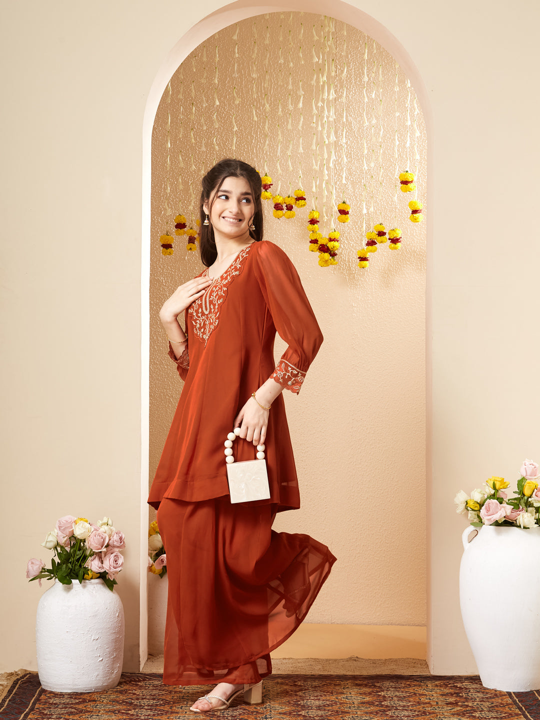 Orange Georgette Embroidered Kurta Palazzo Set for Girls