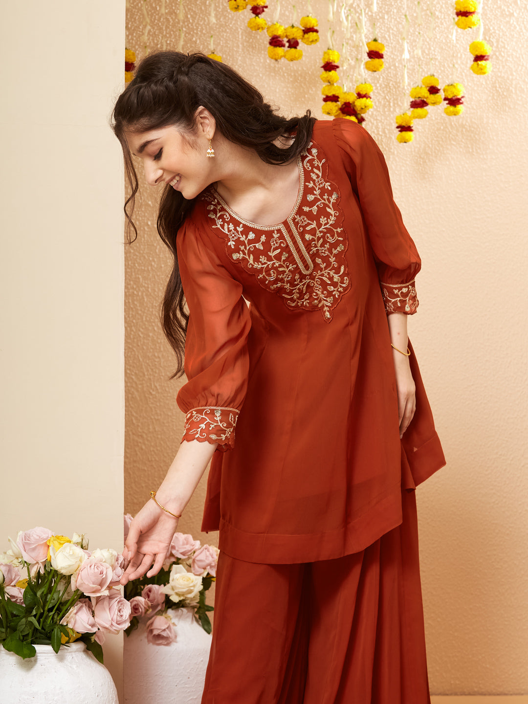 Orange Georgette Embroidered Kurta Palazzo Set for Girls