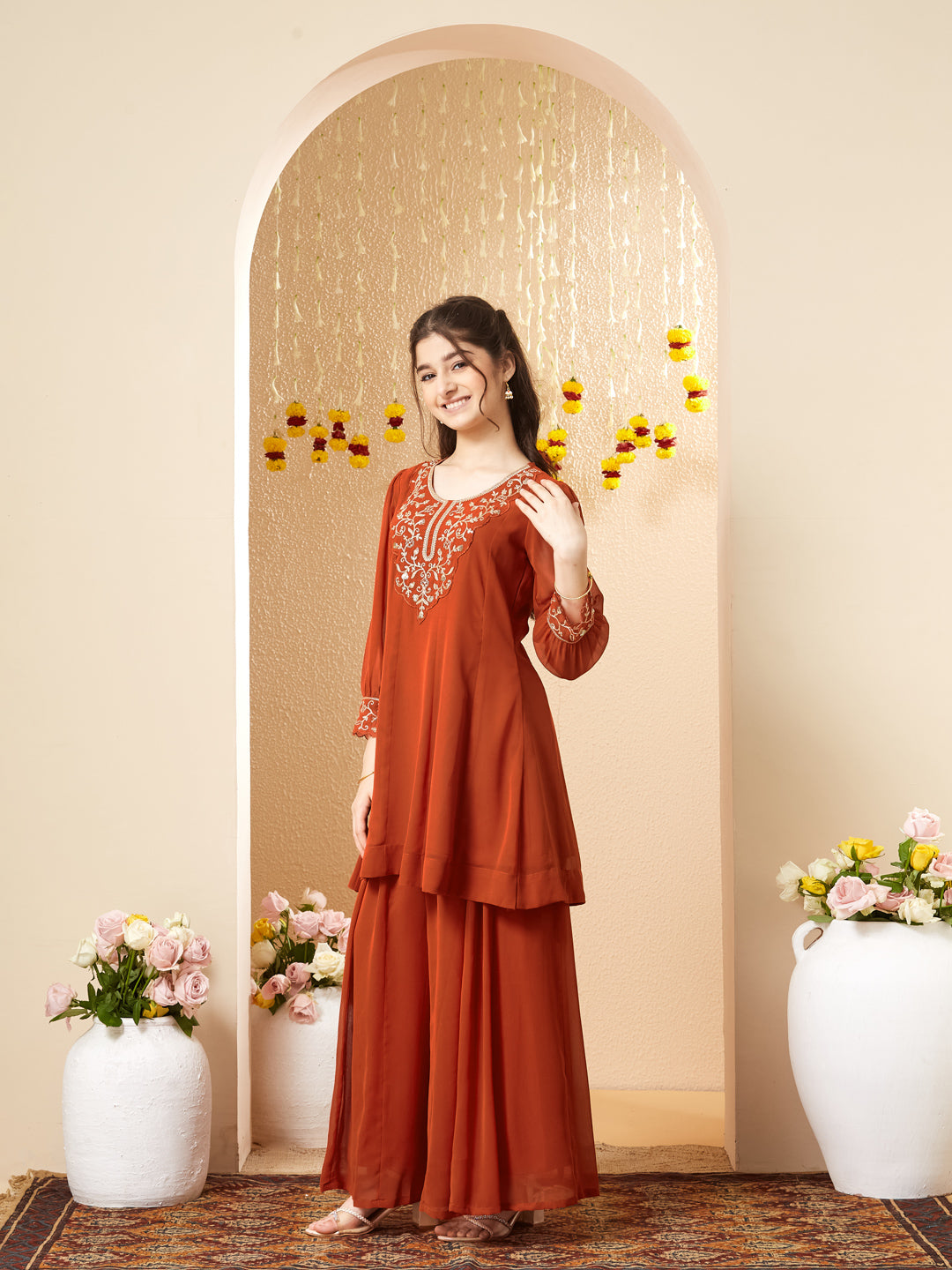 Orange Georgette Embroidered Kurta Palazzo Set for Girls