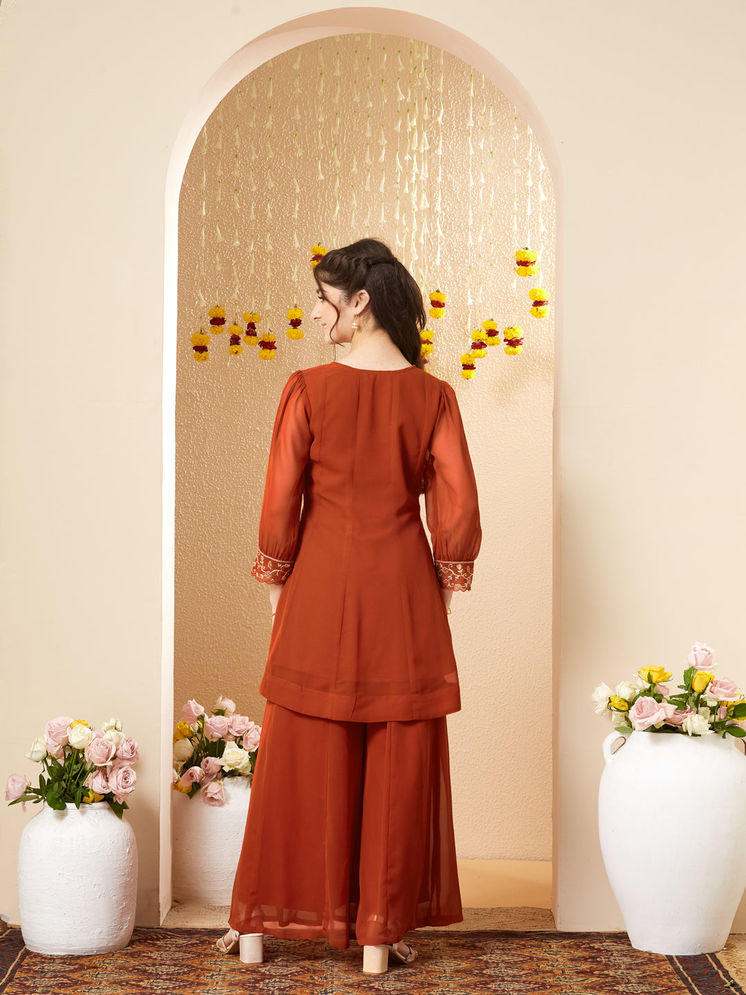 Orange Georgette Embroidered Kurta Palazzo Set for Girls