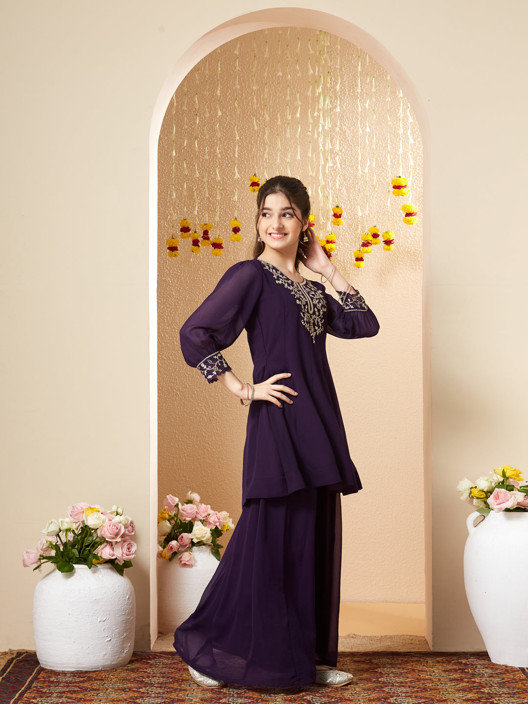 Violet Georgette Embroidered Kurta Palazzo Set for Girls