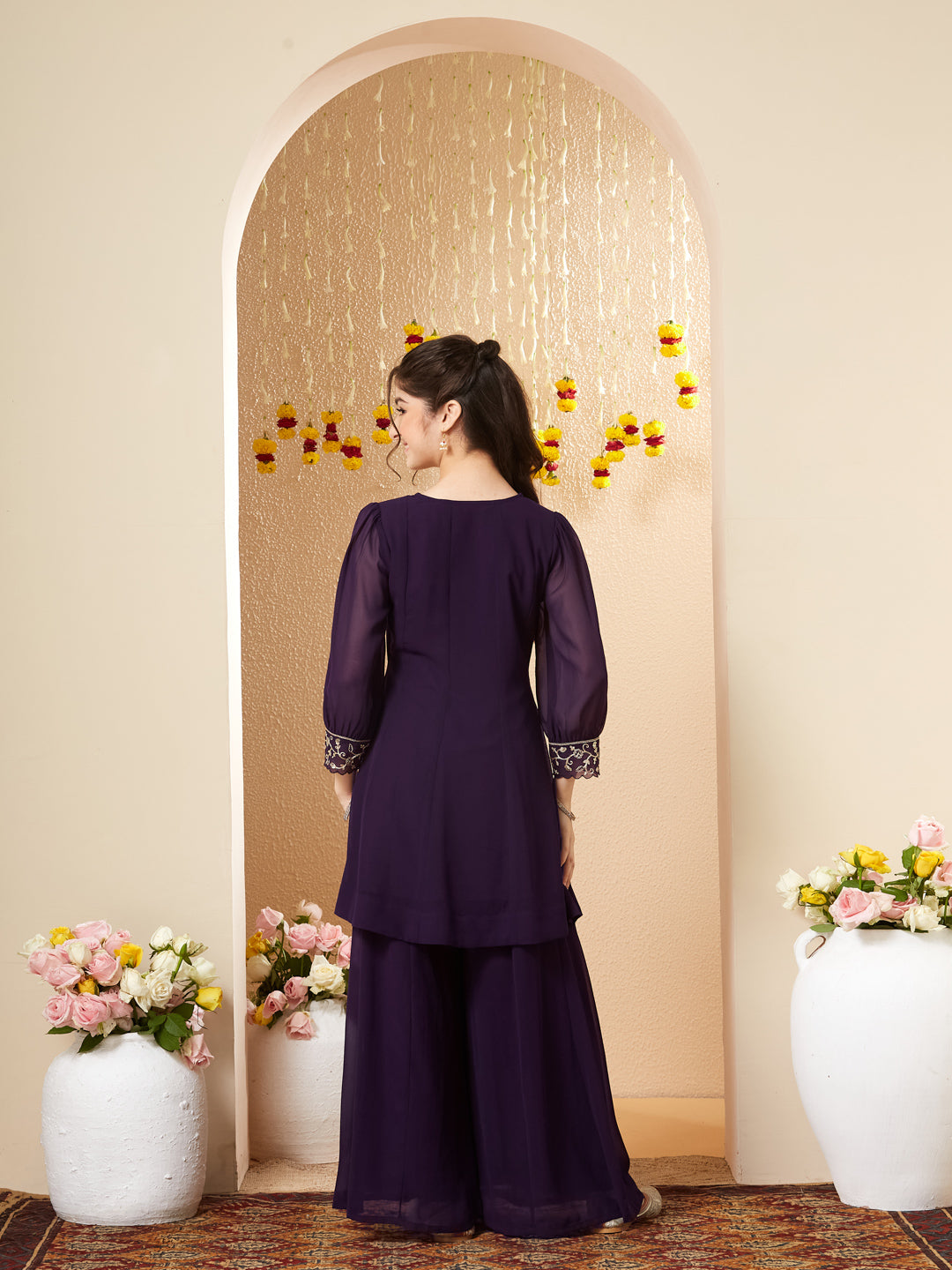 Violet Georgette Embroidered Kurta Palazzo Set for Girls