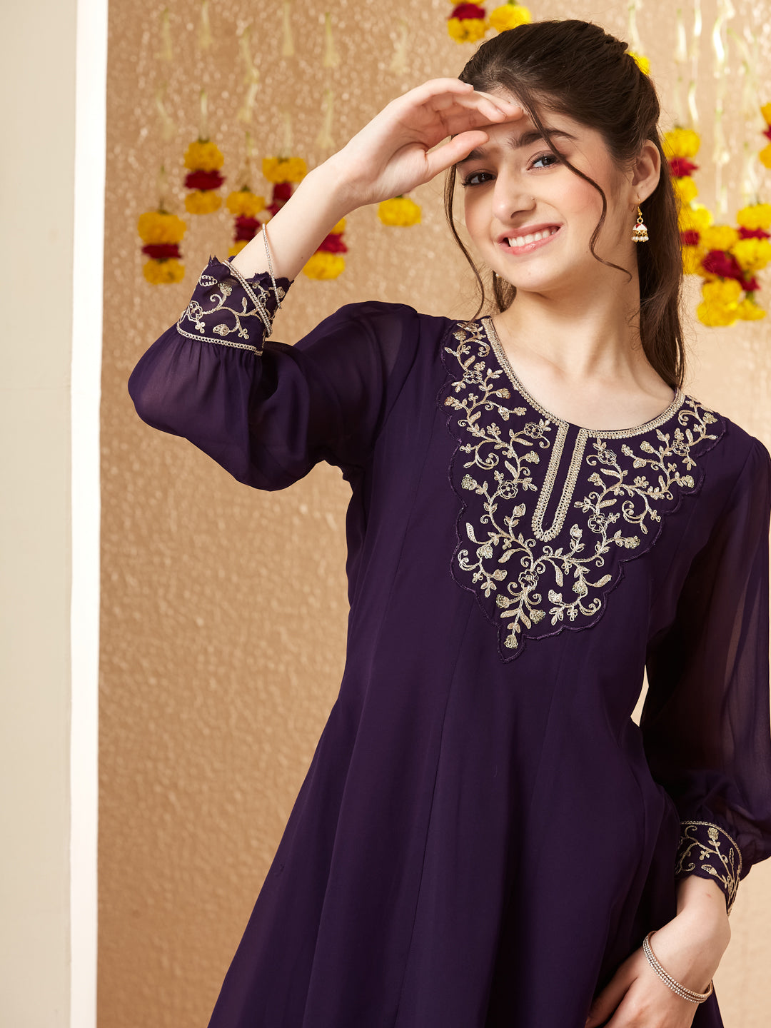 Violet Georgette Embroidered Kurta Palazzo Set for Girls