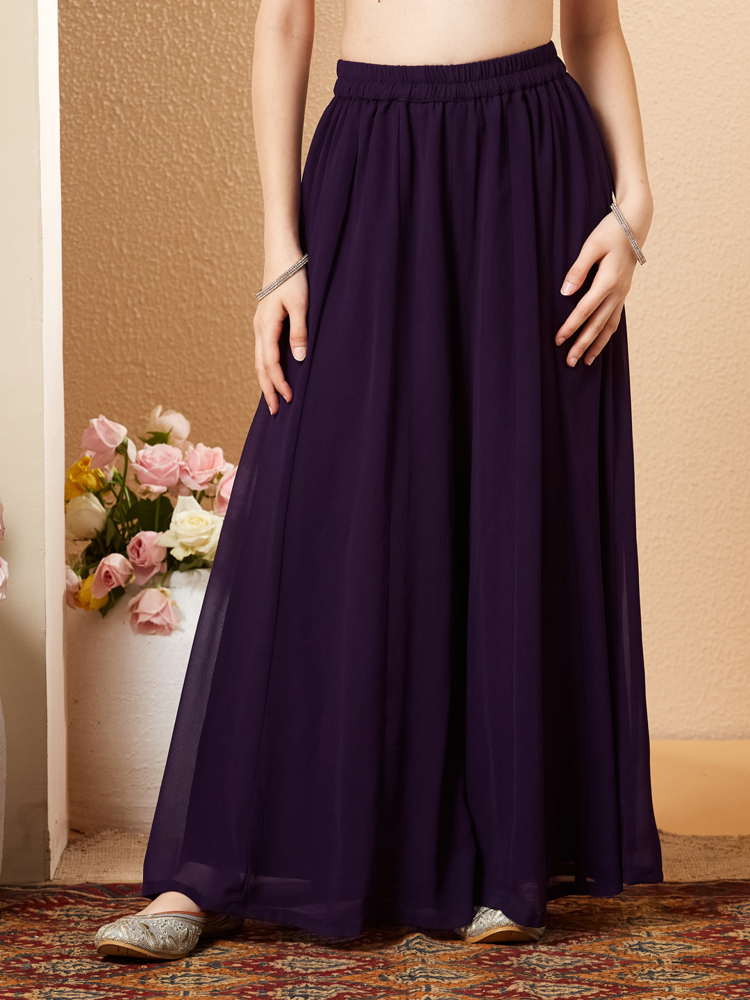 Violet Georgette Embroidered Kurta Palazzo Set for Girls