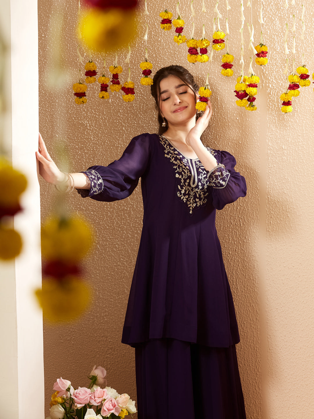 Violet Georgette Embroidered Kurta Palazzo Set for Girls