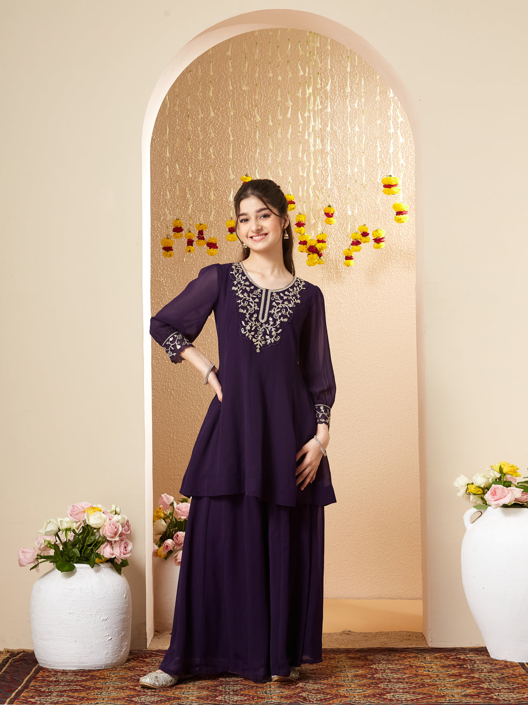 Violet Georgette Embroidered Kurta Palazzo Set for Girls