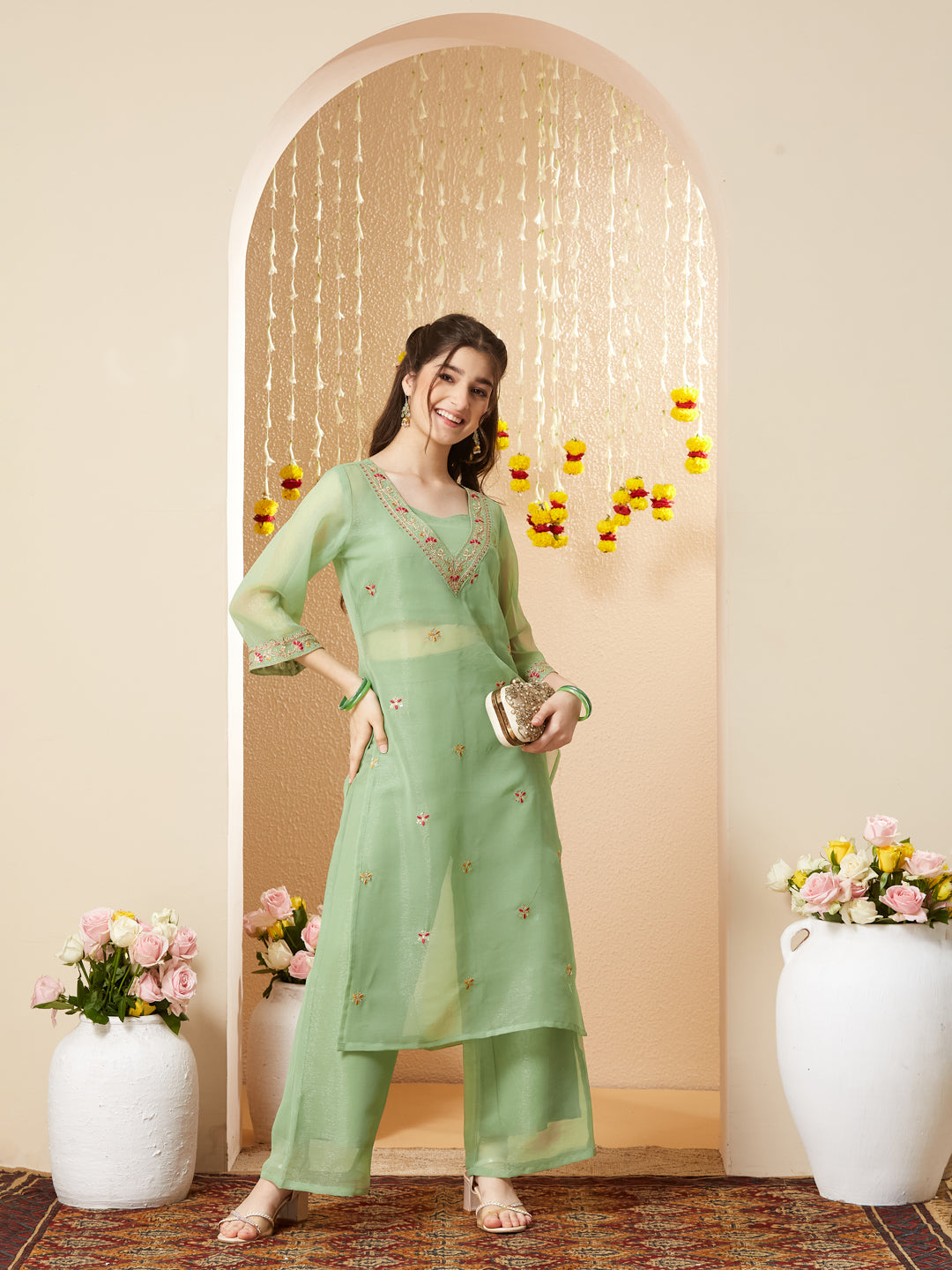 Pista Embroidered Kurta Set with Straight Pants