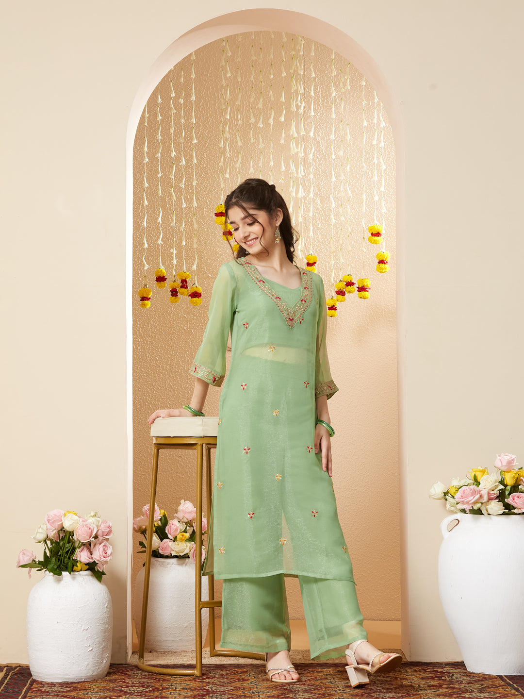 Pista Embroidered Kurta Set with Straight Pants