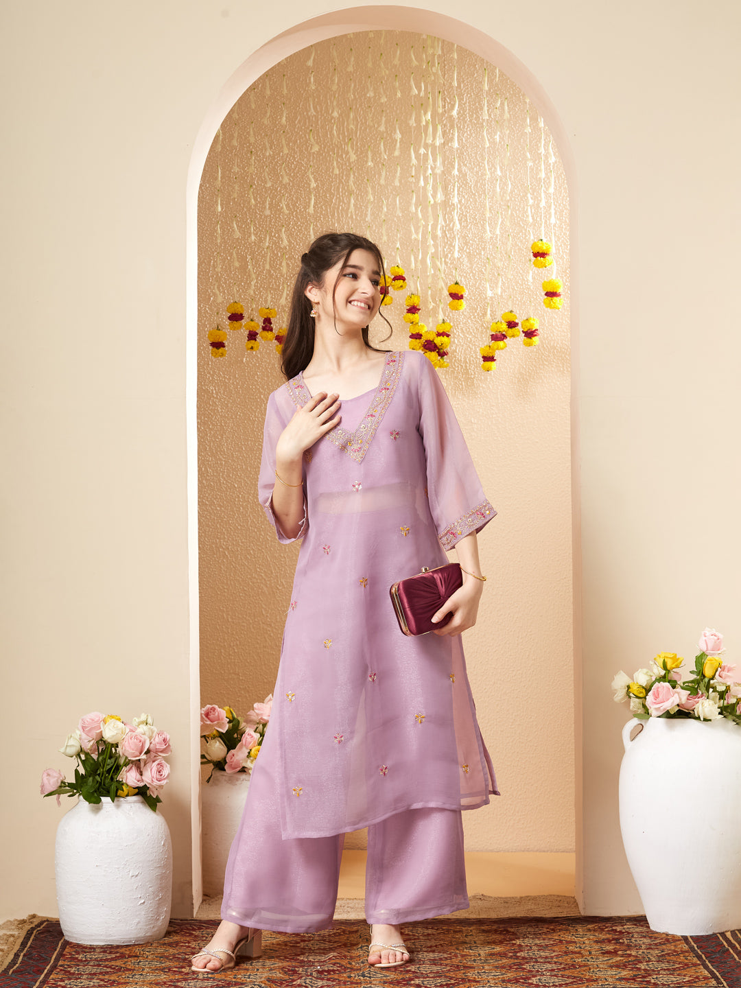 Lavender Embroidered Kurta Set with Straight Pants