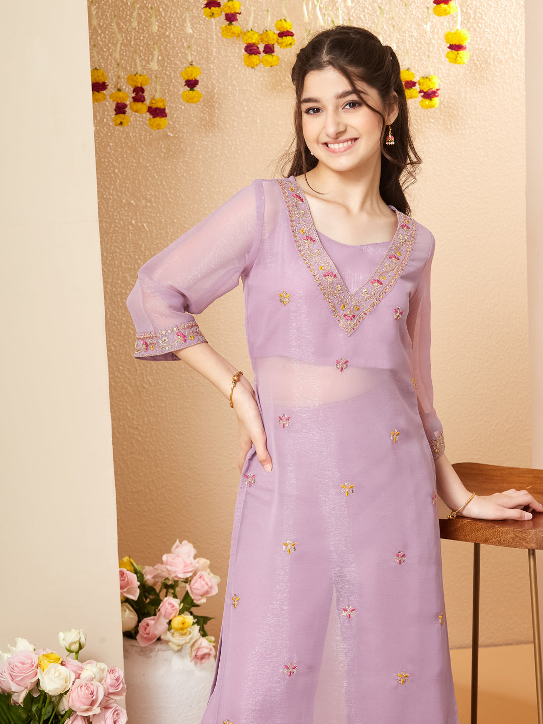 Lavender Embroidered Kurta Set with Straight Pants