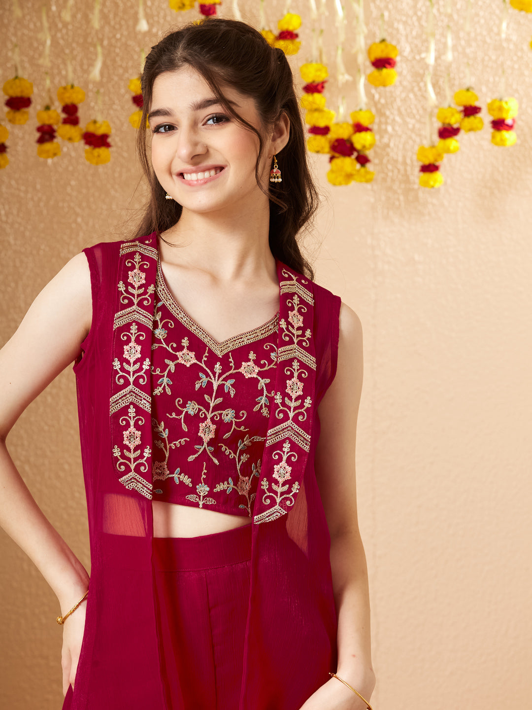Rani Chiffon Embroidered Top Palazzo Set with Jacket for Girls