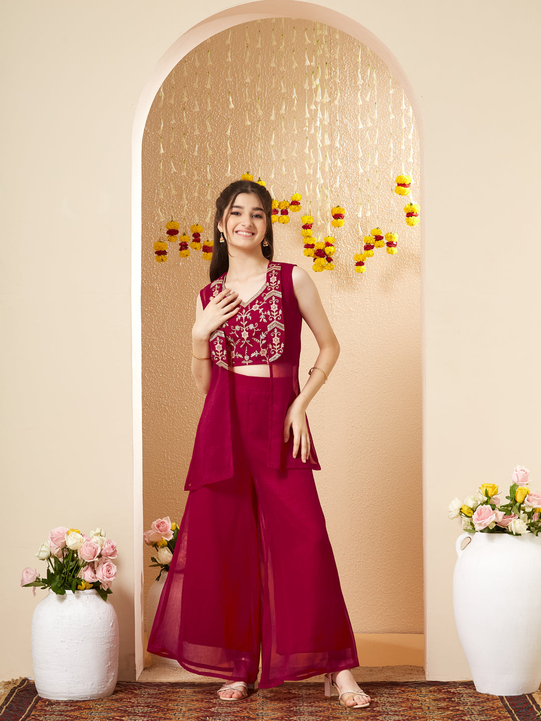 Rani Chiffon Embroidered Top Palazzo Set with Jacket for Girls