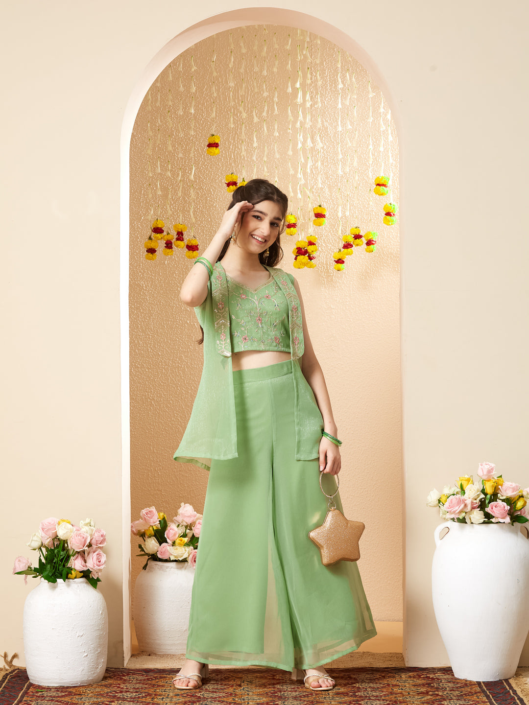 Green Chiffon Embroidered Top Palazzo Set with Jacket for Girls