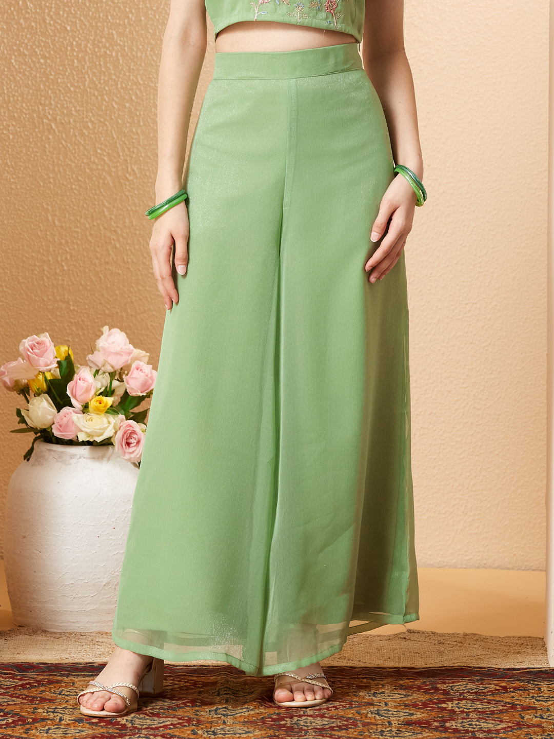 Green Chiffon Embroidered Top Palazzo Set with Jacket for Girls