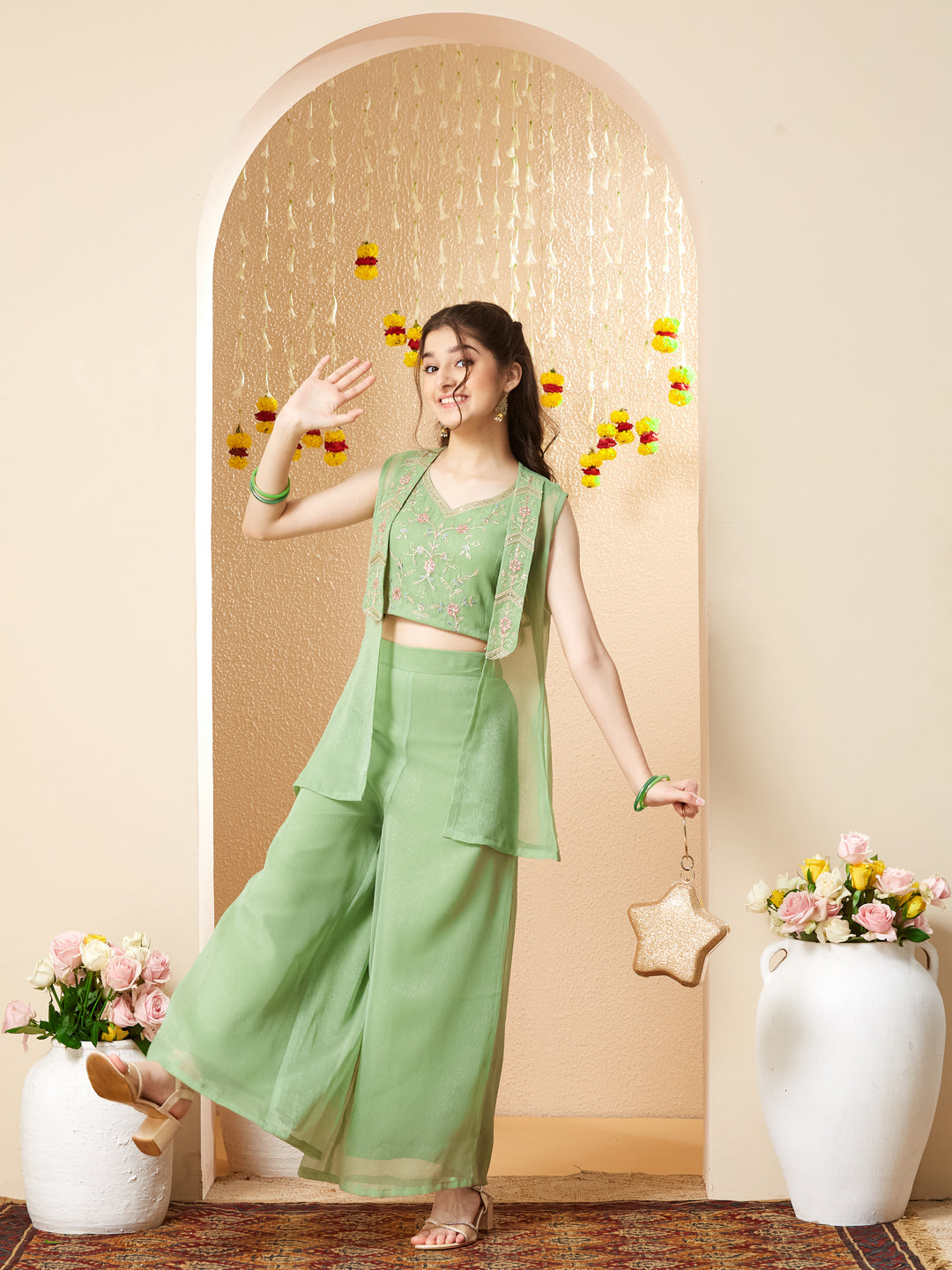 Green Chiffon Embroidered Top Palazzo Set with Jacket for Girls