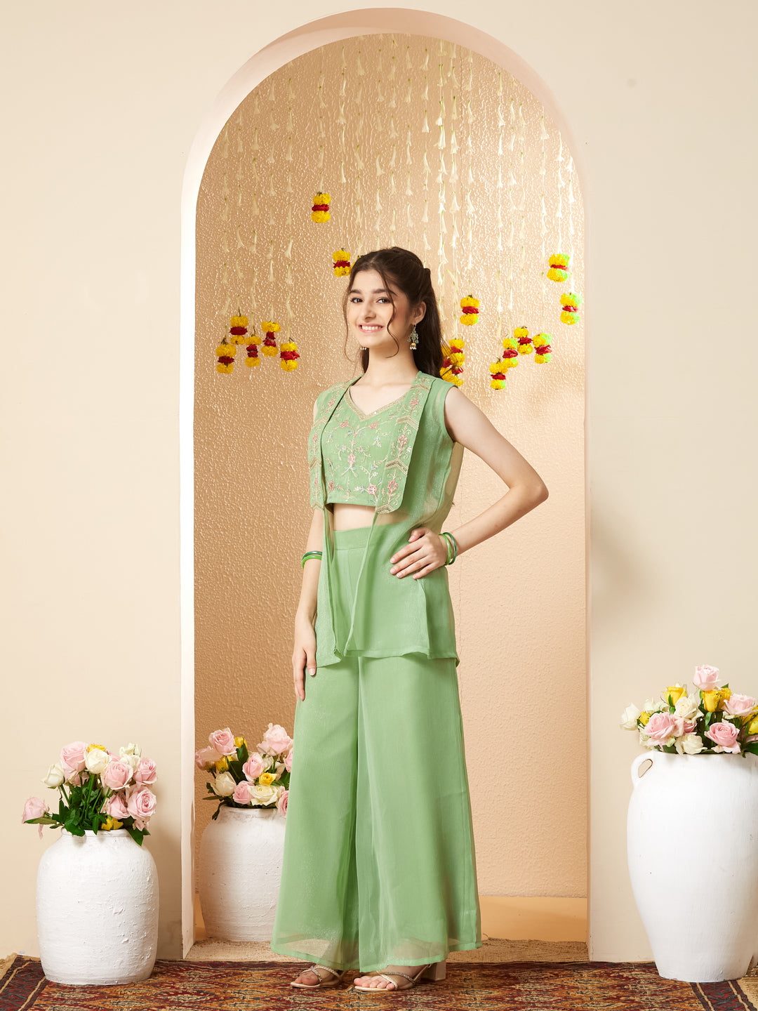 Green Chiffon Embroidered Top Palazzo Set with Jacket for Girls