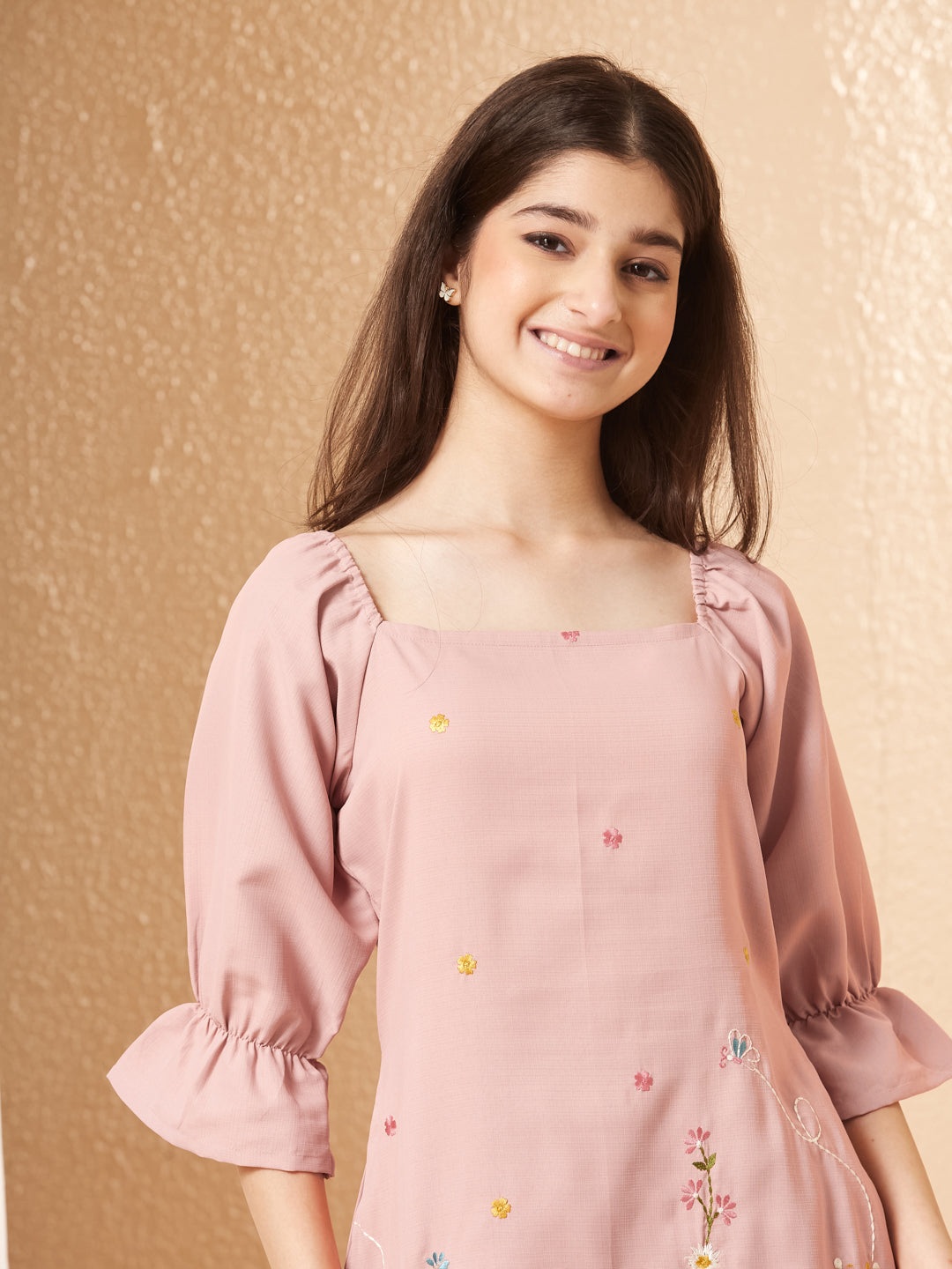 Pink Viscose Blend Embroidered Co-ords Set for Girls