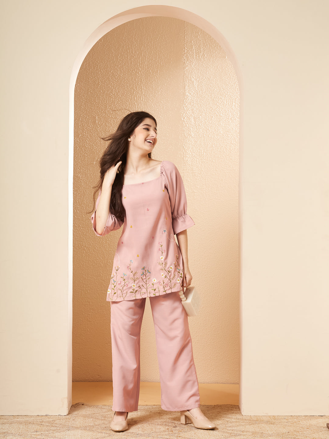 Pink Viscose Blend Embroidered Co-ords Set for Girls
