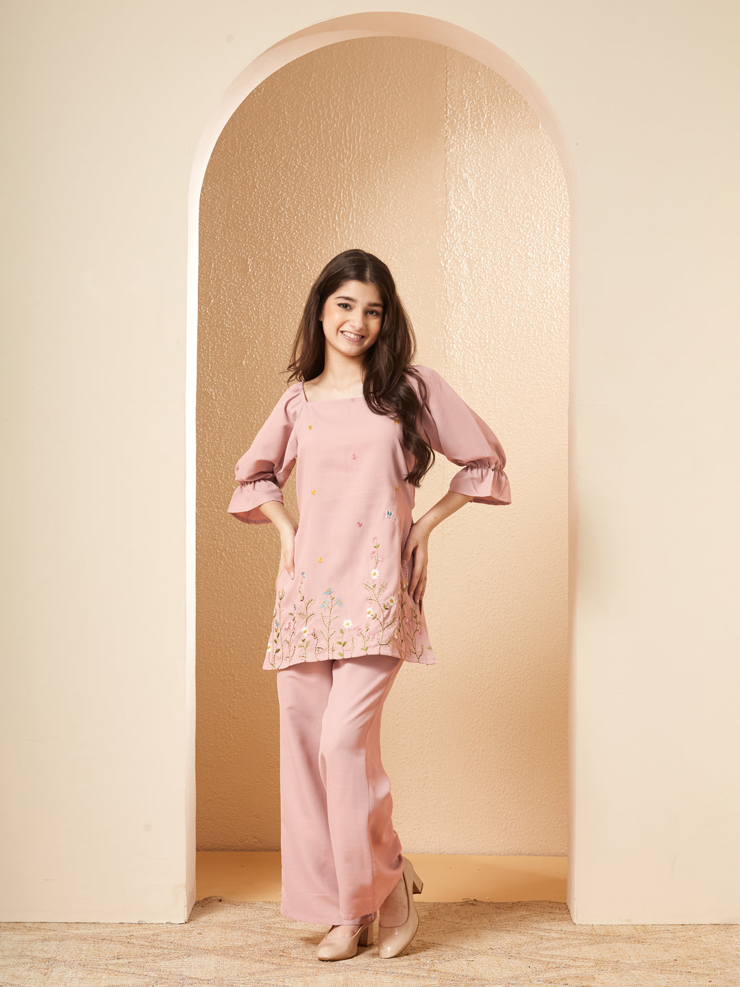Pink Viscose Blend Embroidered Co-ords Set for Girls