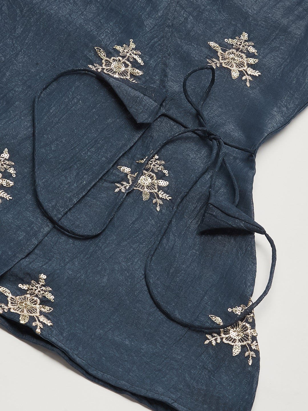 Navy Blue Silk Embroidered Wrap Kurta with Palazzo Set for Girls