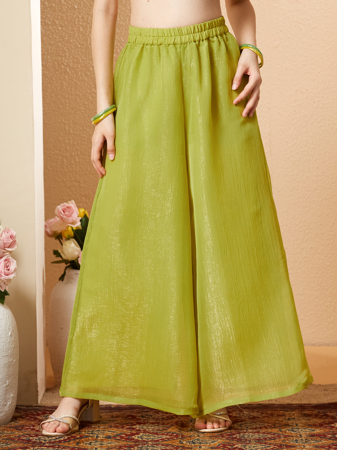 Neon Silk Embroidered Wrap Kurta with Palazzo Set for Girls