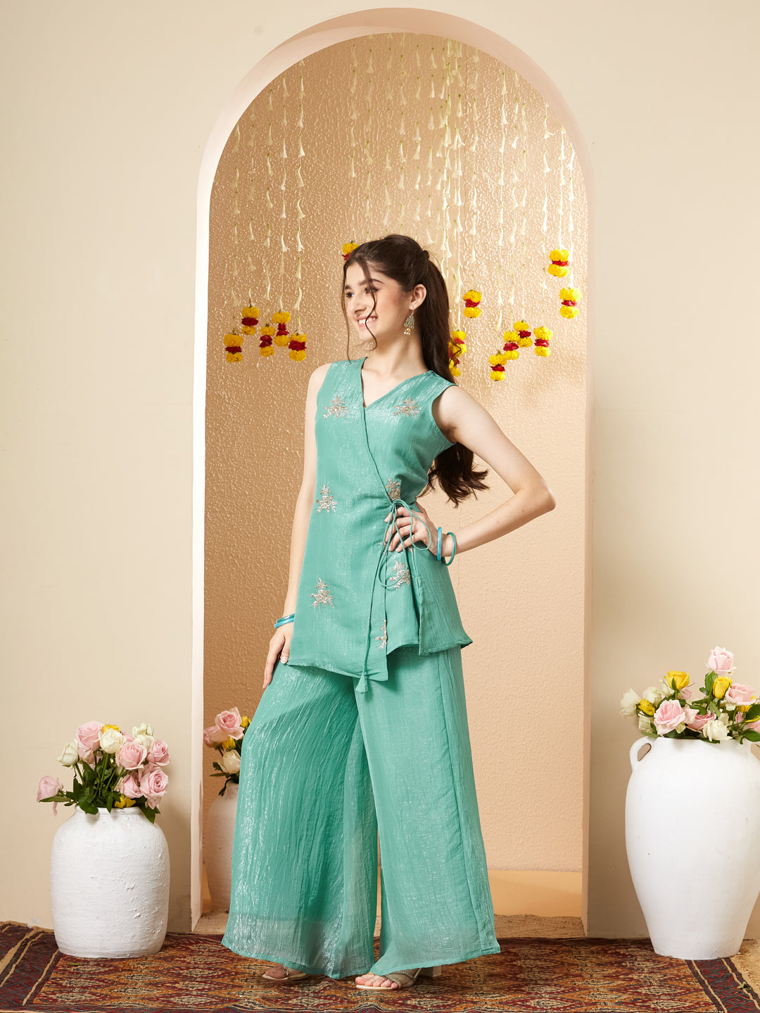 Mint Silk Embroidered Wrap Kurta with Palazzo Set for Girls