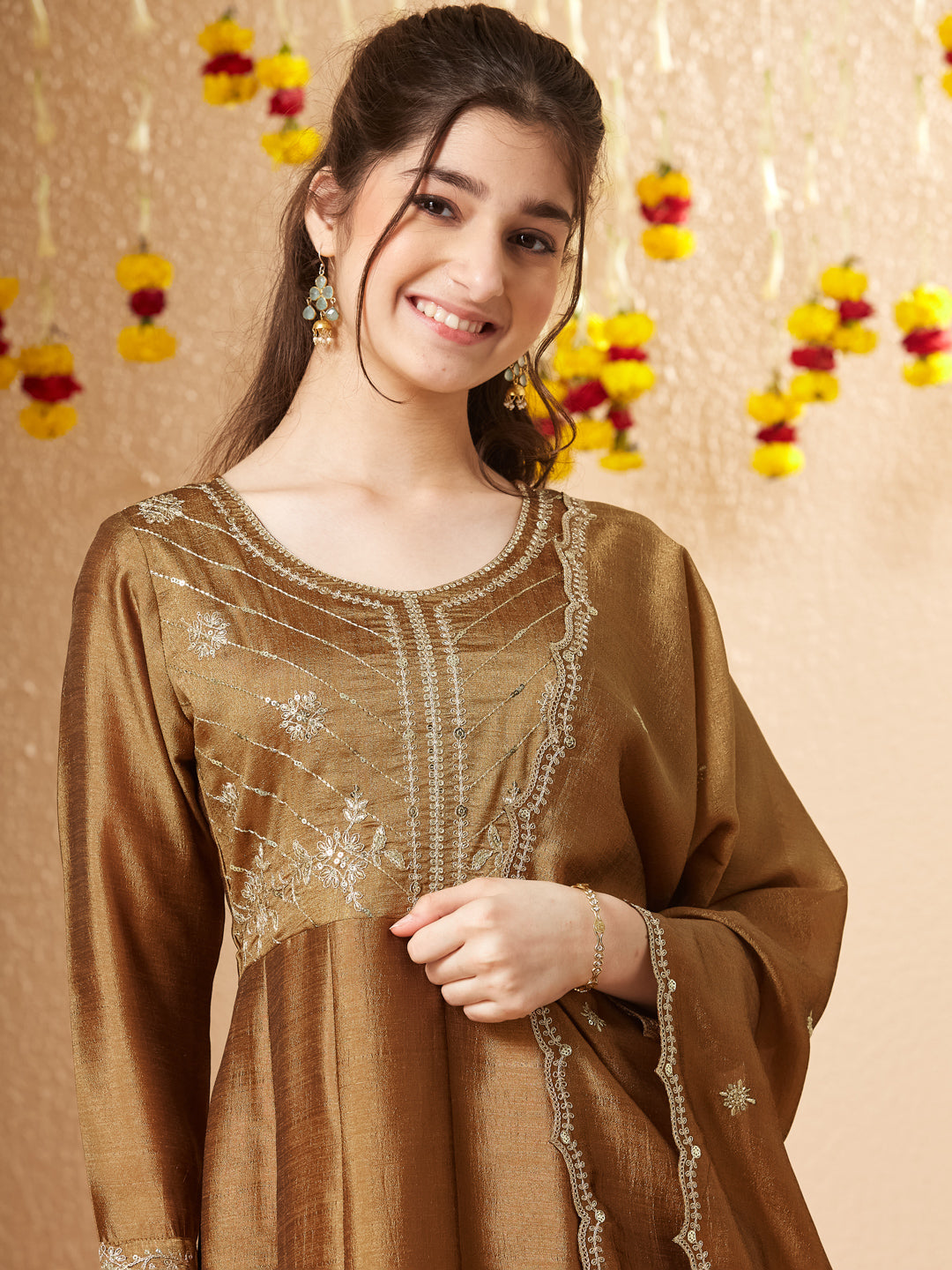Golden Silk Embroidered Anarkali Pant & Dupatta Set for Girls