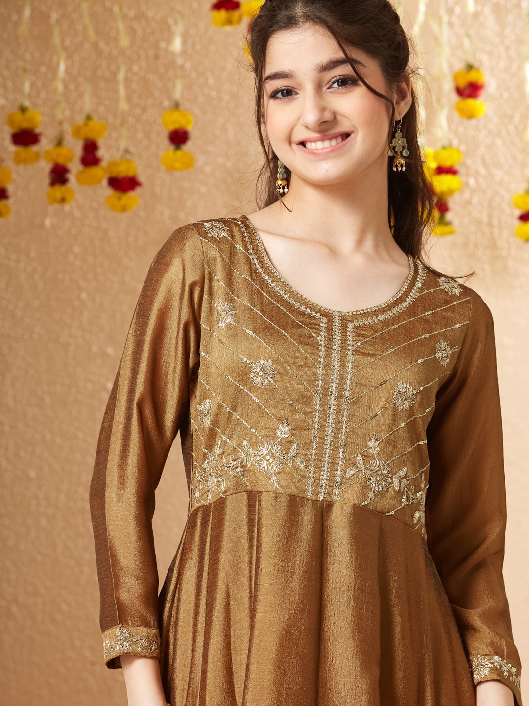 Golden Silk Embroidered Anarkali Pant & Dupatta Set for Girls
