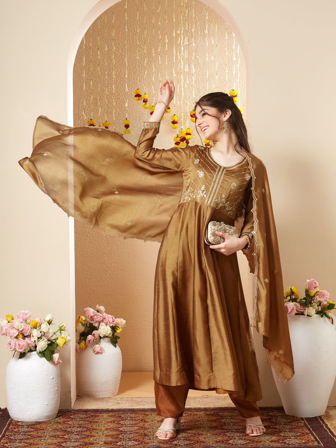Golden Silk Embroidered Anarkali Pant & Dupatta Set for Girls