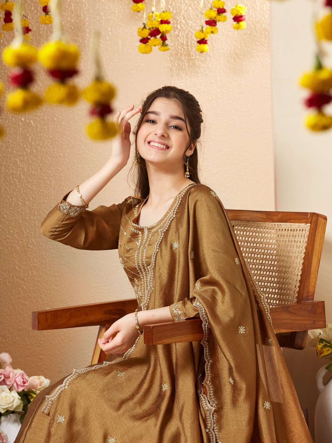 Golden Silk Embroidered Anarkali Pant & Dupatta Set for Girls