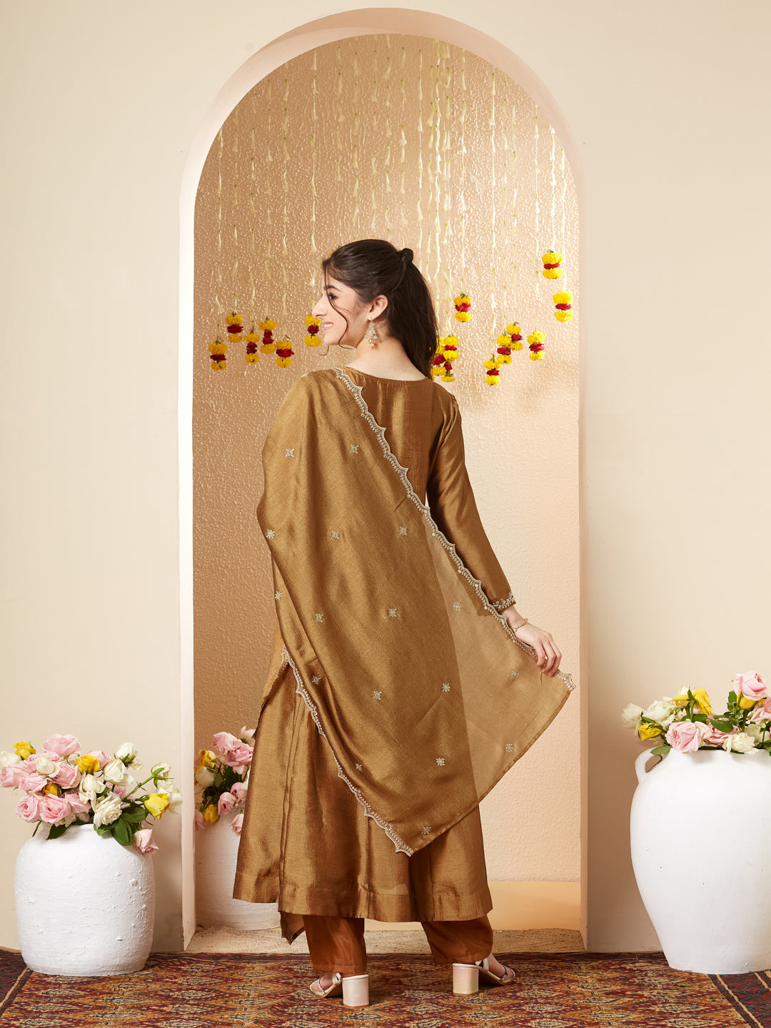 Golden Silk Embroidered Anarkali Pant & Dupatta Set for Girls