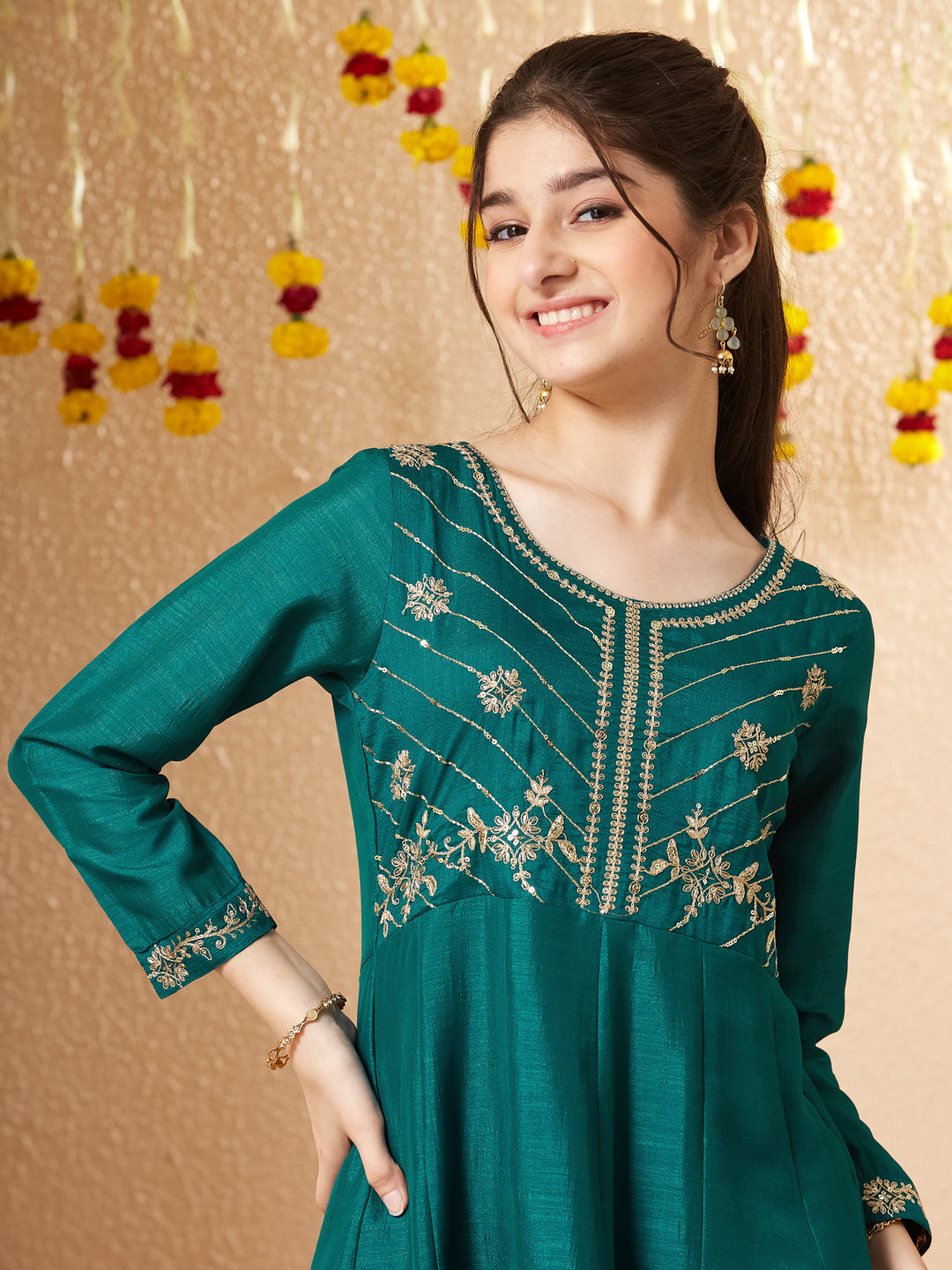 Rama Silk Embroidered Anarkali Pant & Dupatta Set for Girls