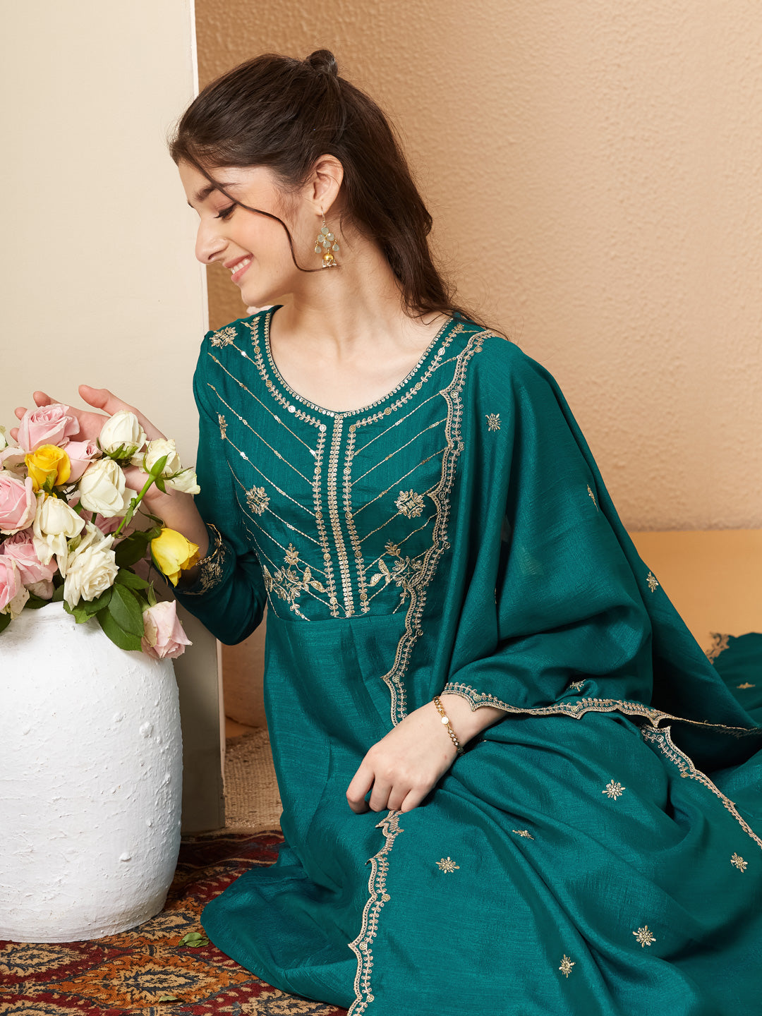 Rama Silk Embroidered Anarkali Pant & Dupatta Set for Girls