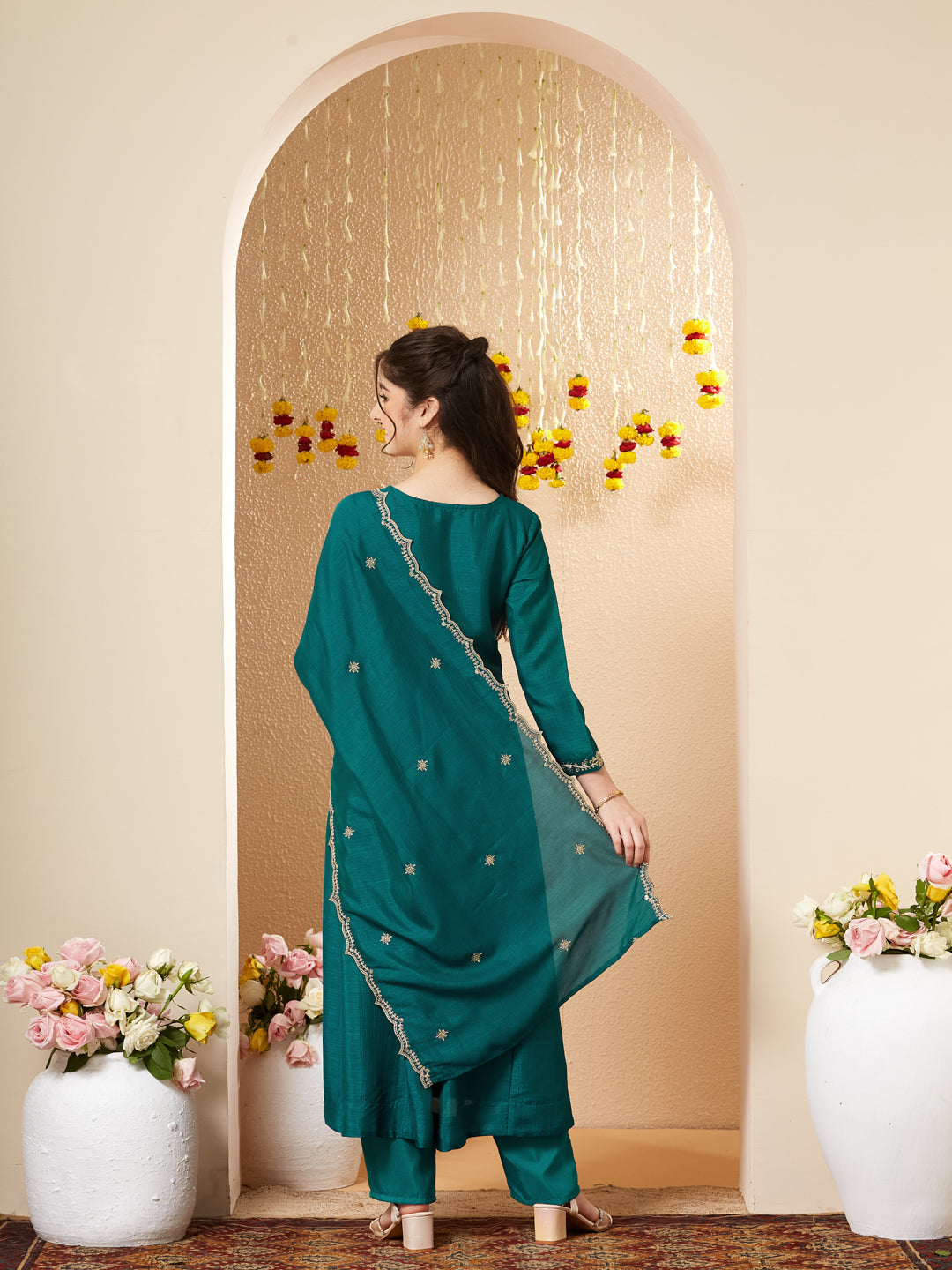 Rama Silk Embroidered Anarkali Pant & Dupatta Set for Girls