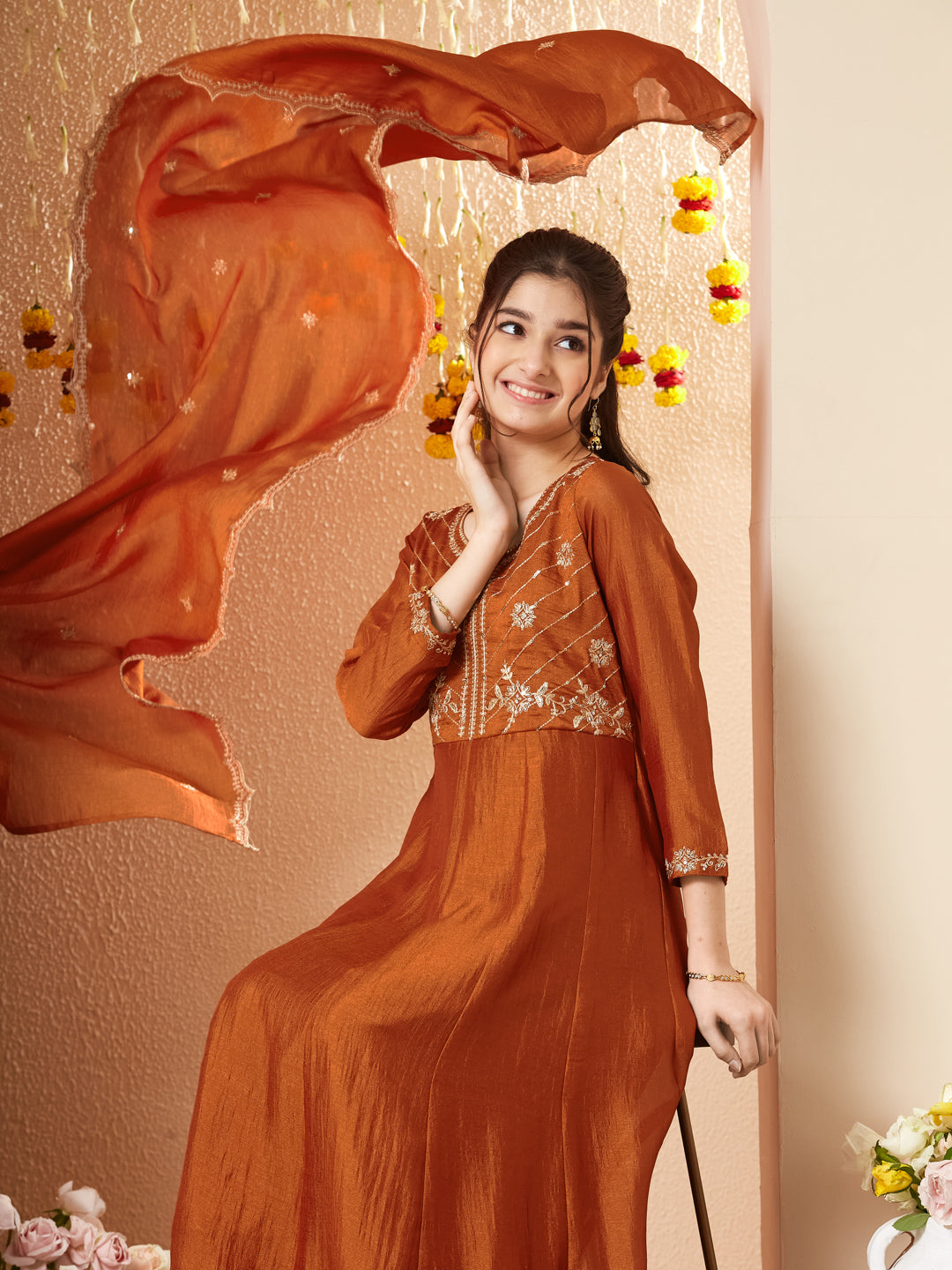 Orange Silk Embroidered Anarkali Pant & Dupatta Set for Girls