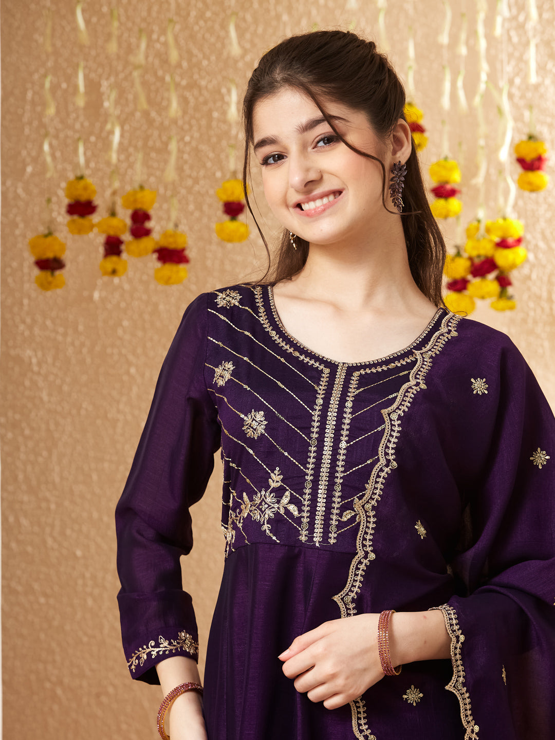 Violet Silk Embroidered Anarkali Pant & Dupatta Set for Girls