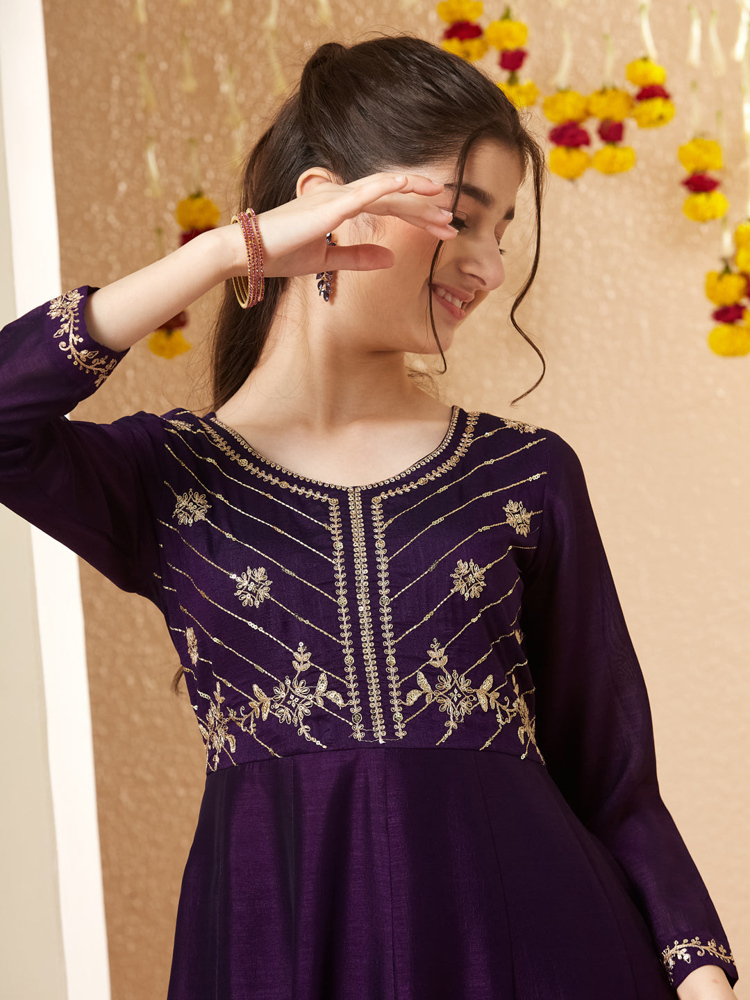 Violet Silk Embroidered Anarkali Pant & Dupatta Set for Girls
