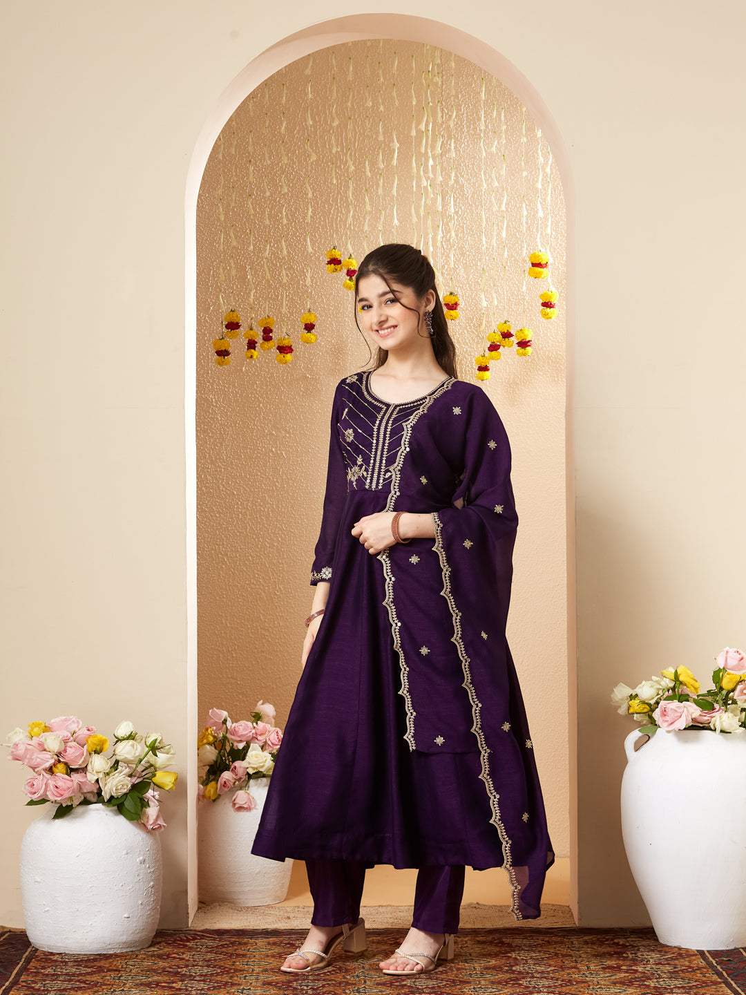 Violet Silk Embroidered Anarkali Pant & Dupatta Set for Girls