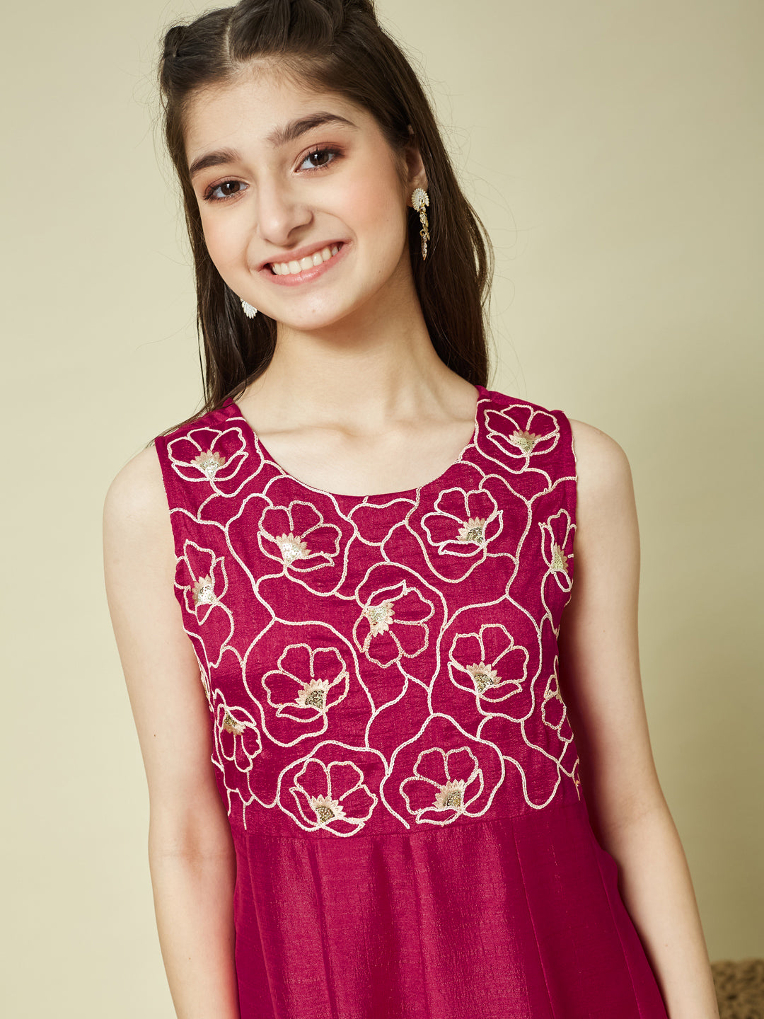 Rani Embroidered Silk Anarkali Kurta with Dupatta Set for Girls