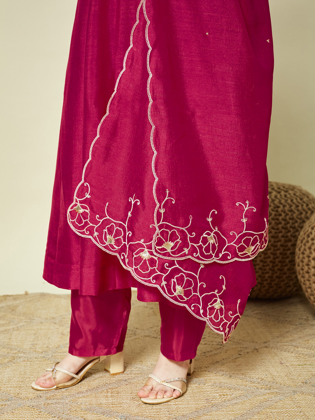 Rani Embroidered Silk Anarkali Kurta with Dupatta Set for Girls