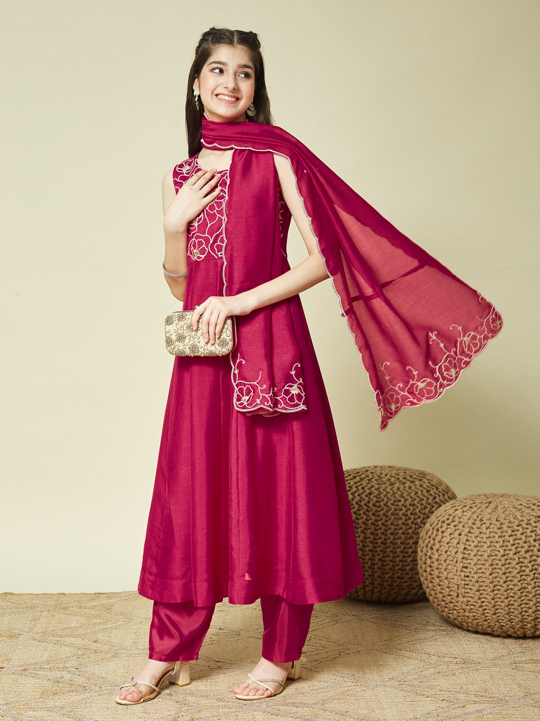Rani Embroidered Silk Anarkali Kurta with Dupatta Set for Girls