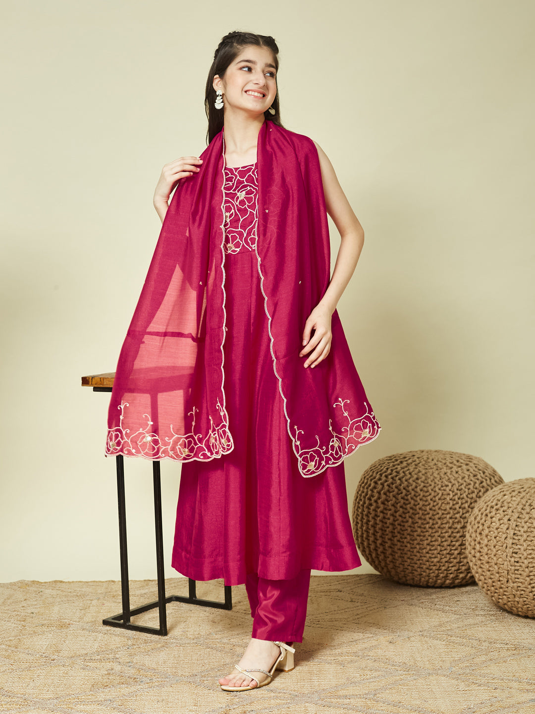 Rani Embroidered Silk Anarkali Kurta with Dupatta Set for Girls