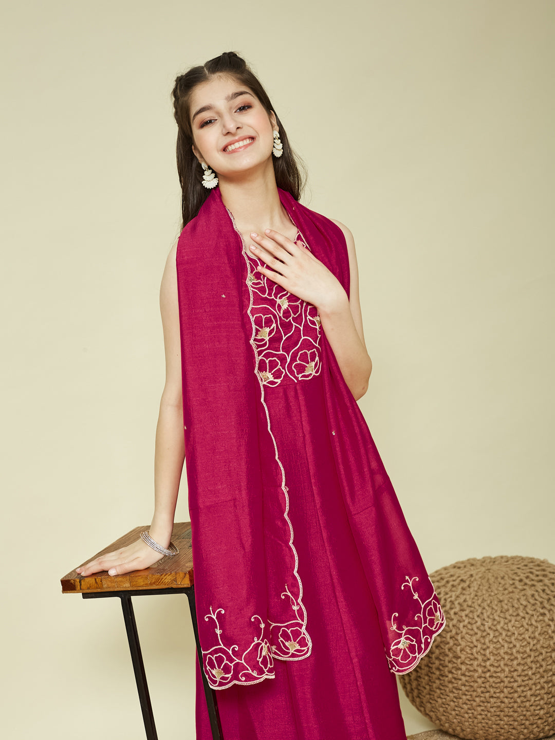 Rani Embroidered Silk Anarkali Kurta with Dupatta Set for Girls