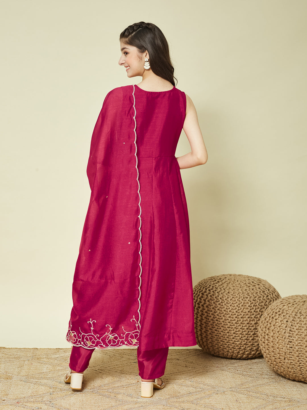 Rani Embroidered Silk Anarkali Kurta with Dupatta Set for Girls