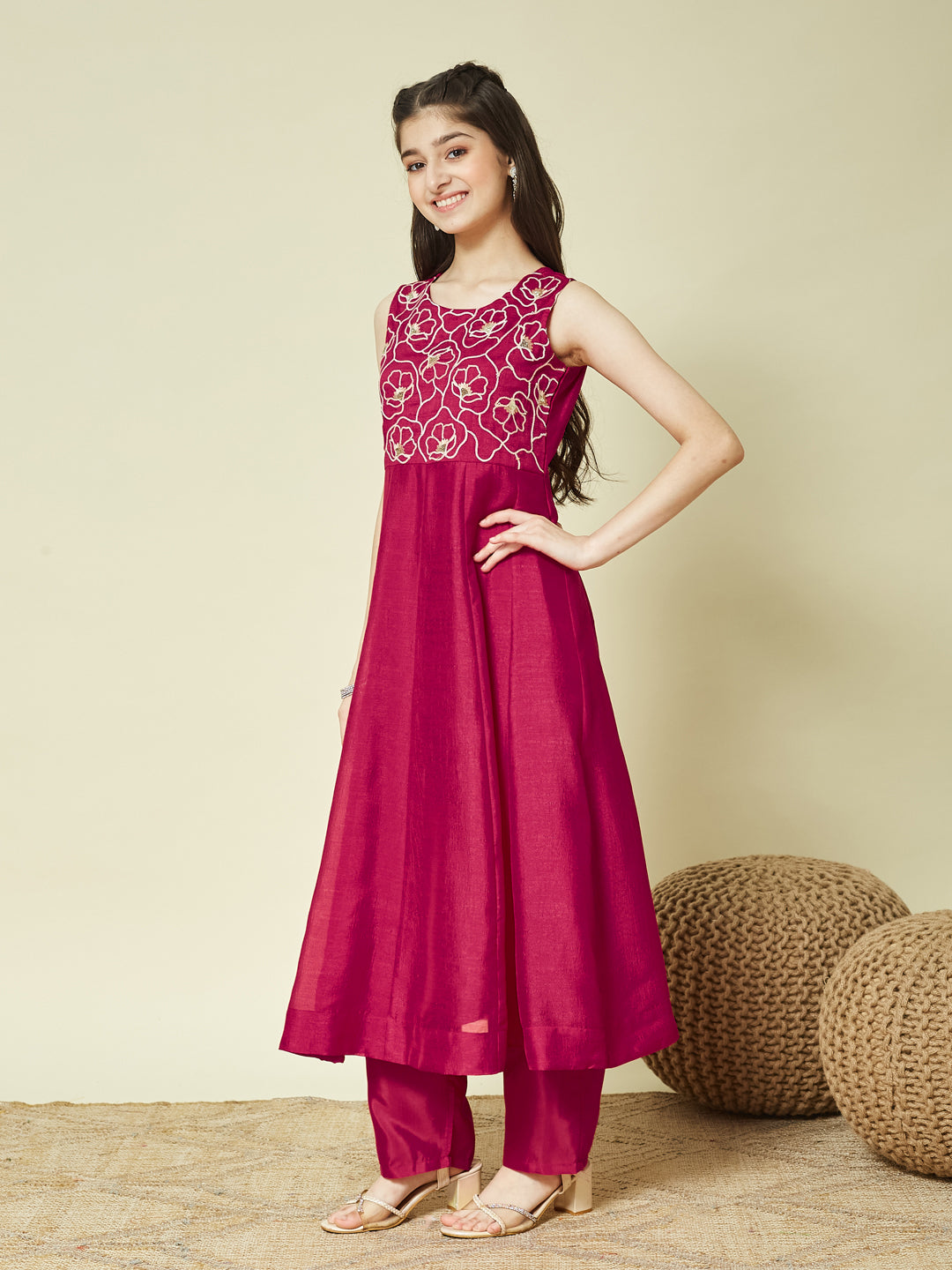 Rani Embroidered Silk Anarkali Kurta with Dupatta Set for Girls