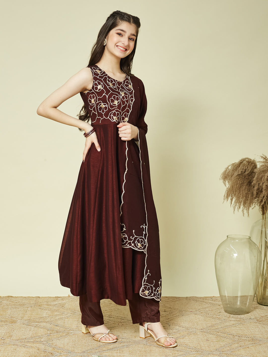 Coffee Embroidered Silk Anarkali Kurta with Dupatta Set for Girls