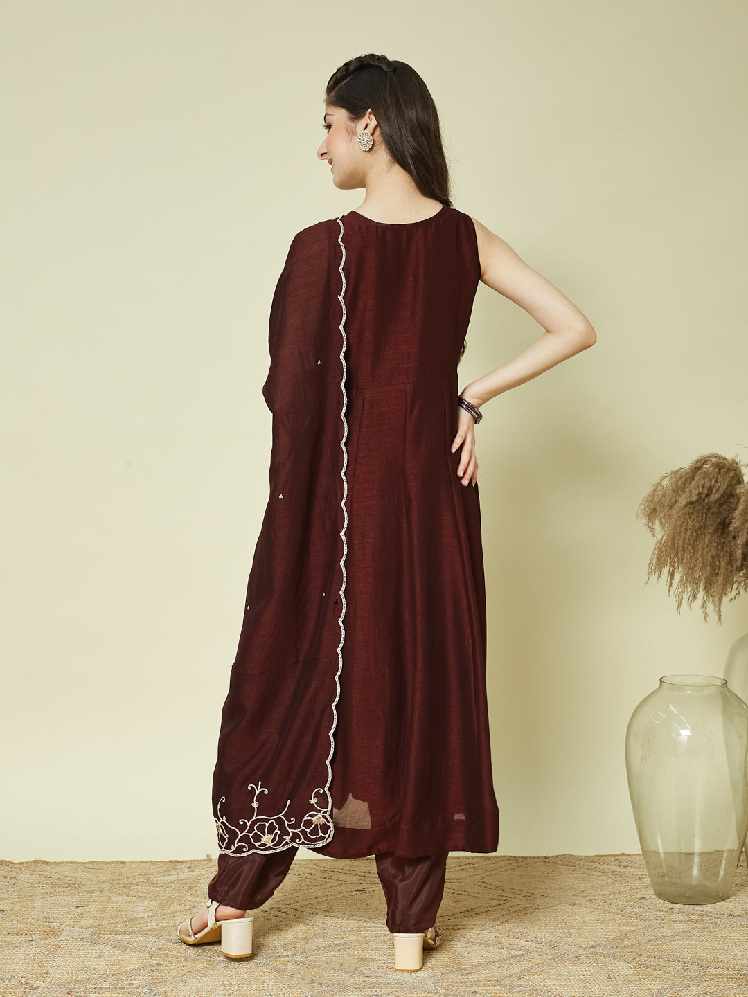 Coffee Embroidered Silk Anarkali Kurta with Dupatta Set for Girls