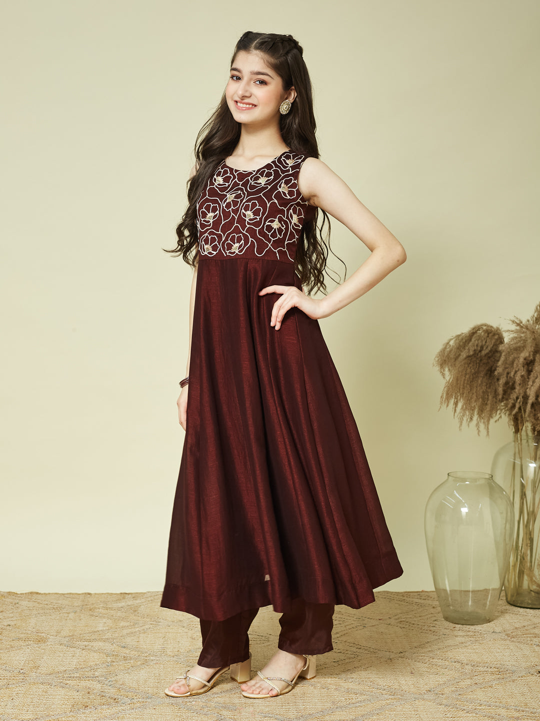 Coffee Embroidered Silk Anarkali Kurta with Dupatta Set for Girls